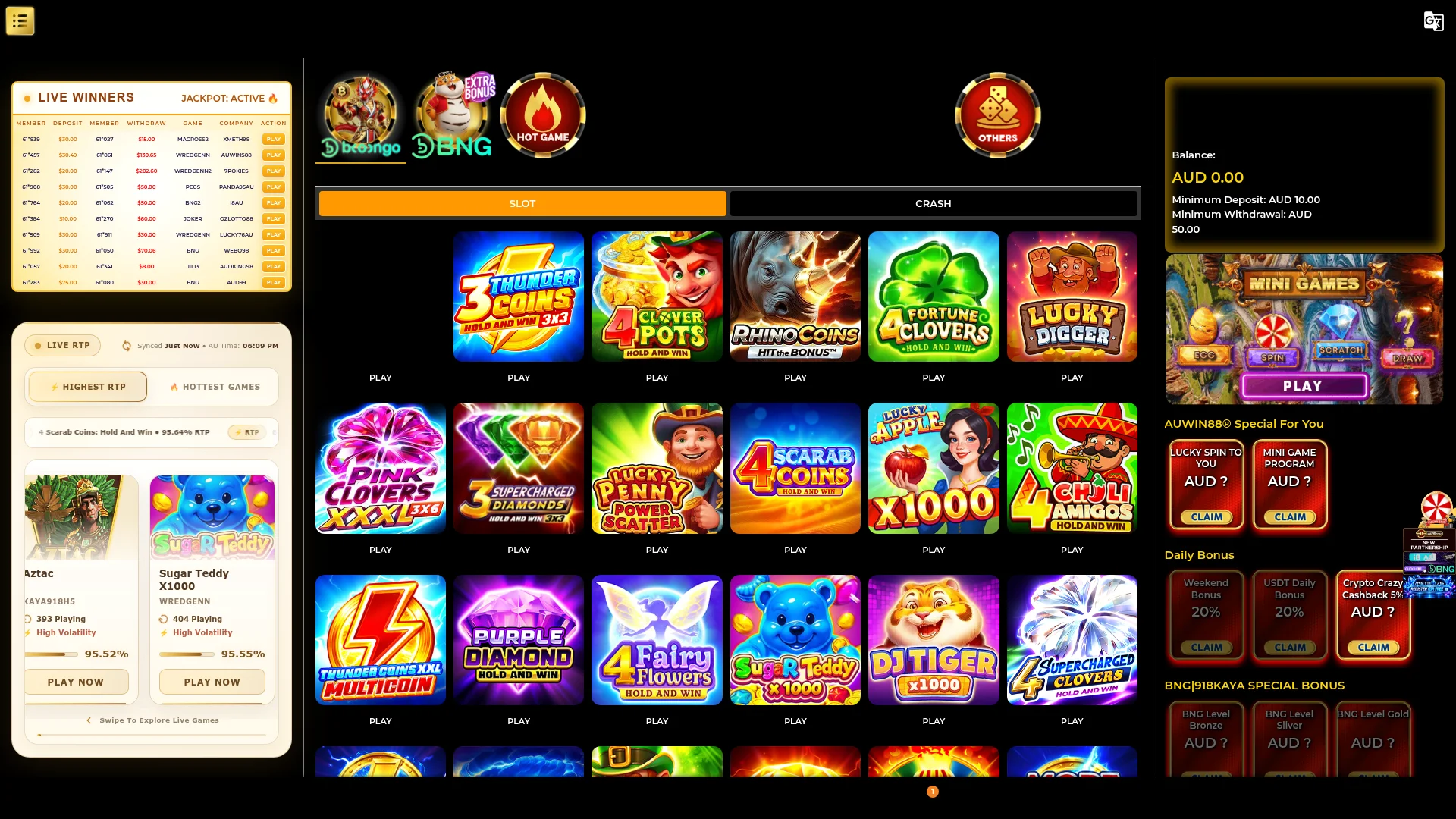 Auwin88 Casino desktop interface