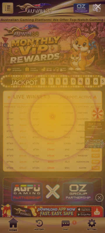 Auwin88 Casino mobile app interface